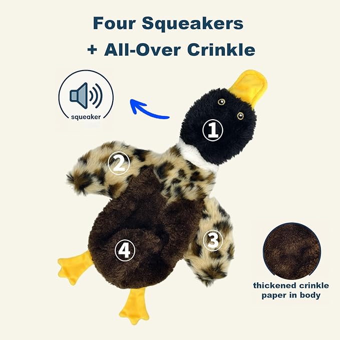 Calibonbon Duck Dog Squeaky Toy for Aggressive Chewers - No Stuffing Durable Plush with 4 Squeakers & Crinkle Wings, Chew Proof Puppy Toys for Small Medium Large Dogs (Black & Brown)