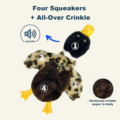 Calibonbon Duck Dog Squeaky Toy for Aggressive Chewers - No Stuffing Durable Plush with 4 Squeakers & Crinkle Wings, Chew Proof Puppy Toys for Small Medium Large Dogs (Black & Brown)