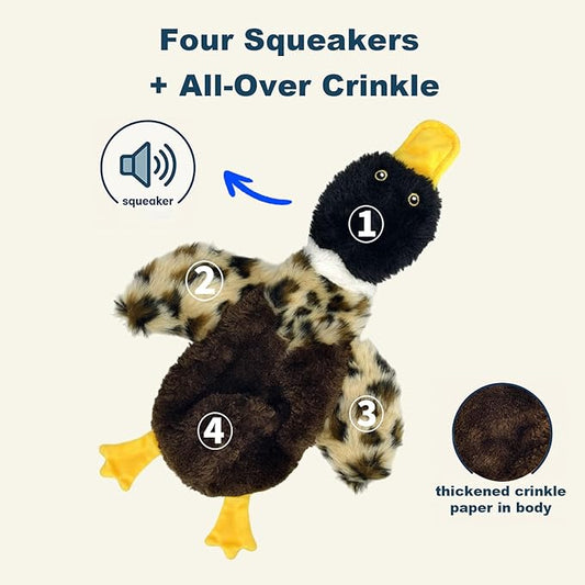Calibonbon Duck Dog Squeaky Toy for Aggressive Chewers - No Stuffing Durable Plush with 4 Squeakers & Crinkle Wings, Chew Proof Puppy Toys for Small Medium Large Dogs (Black & Brown)