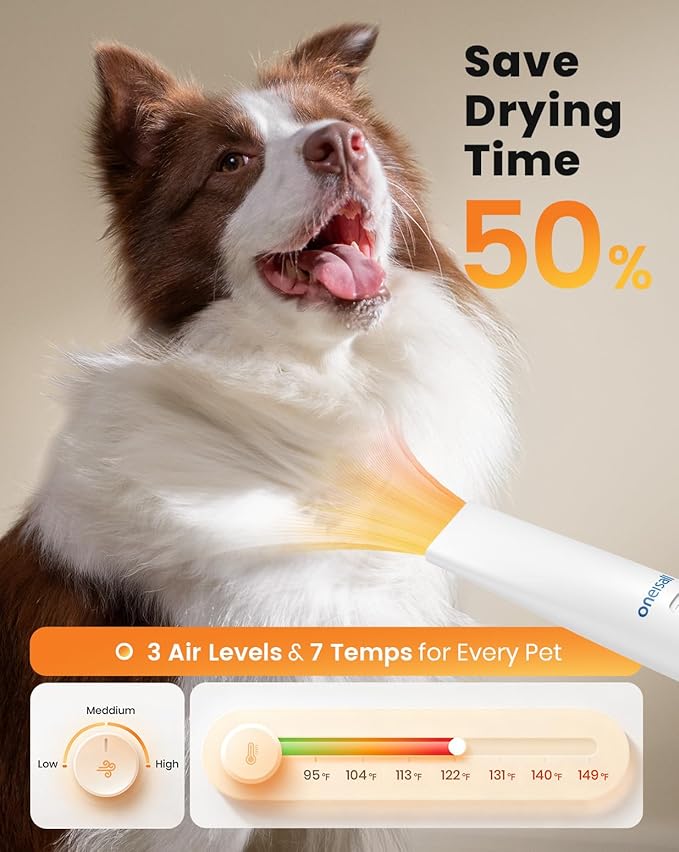 oneisall Dog Vacuum & Dryer for Shedding Grooming, 8 in 1 Dog Grooming Kit with Metal Blade Pet Clippers, Adjustable Speed and Temperature Control Blower
