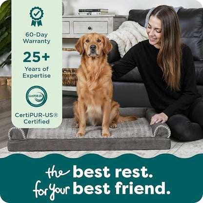 Furhaven Orthopedic Dog Bed for Large Dogs w/ Removable Bolsters & Washable Cover, For Dogs Up to 95 lbs - Luxe Faux Fur & Performance Linen Sofa - Charcoal, Jumbo/XL
