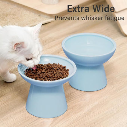 CEEFU 2 Elevated Ceramic Cat Bowls Extra Wide for Food & Water – Whisker Fatigue Shallow Food Dish, Lead & Cadmium-Free, Raised Height for Cats, Blue
