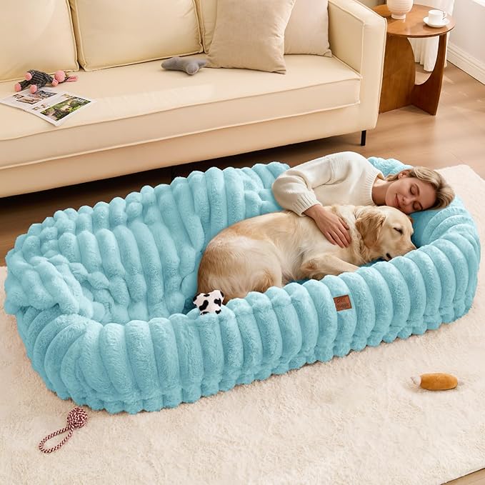 ChiXnuggle Human Dog Bed for Adult - Luxury Striped Faux Fur Giant Dog Bed with Portable Handle, Egg Orthopedic Foam Pad with Thick Blanket, 72"x40"x10", Blue
