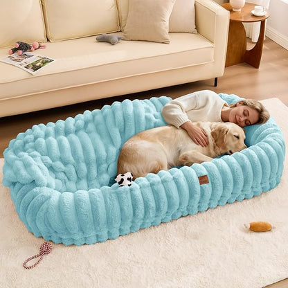 ChiXnuggle Human Dog Bed for Adult - Luxury Striped Faux Fur Giant Dog Bed with Portable Handle, Egg Orthopedic Foam Pad with Thick Blanket, 72"x40"x10", Blue