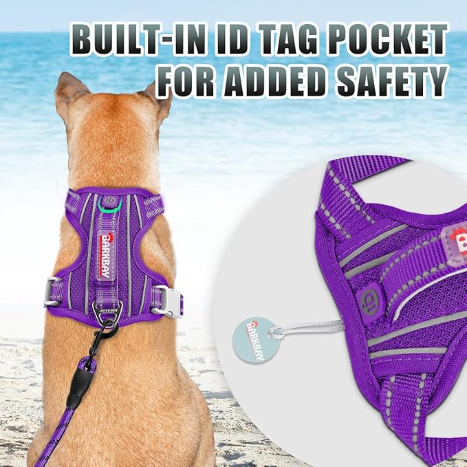 BARKBAY No Pull Dog Harness Large Reflective Dog Harness with Front Clip and Easy Control Handle for Walking Training Running with ID tag Pocket(Purple,M)