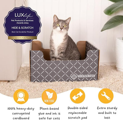 Hide & Scratch Cardboard Cat Scratcher Box & Bed - Dark Grey Diamond | Double-Sided Corrugated Pad for Indoor Cats | Refillable Scratching Board Toy for Play & Furniture Protection