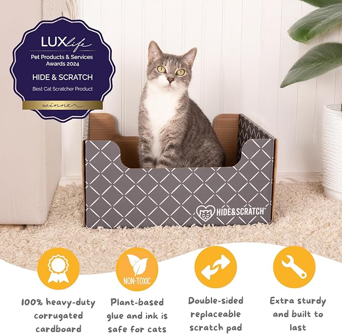 Hide & Scratch Cardboard Cat Scratcher Box & Bed - Dark Grey Diamond (2 Pack) | Double-Sided Corrugated Pad for Indoor Cats | Refillable Scratching Board Toy for Play & Furniture Protection