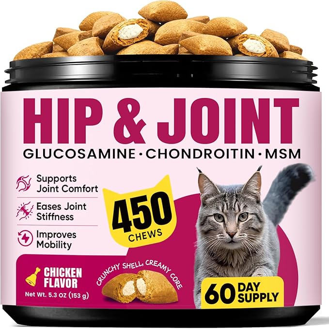 Glucosamine for Cats, Cat Joint Supplement with Chondroitin, Omega-3s & Green-Lipped Mussel, Pain Relief Crunchy & Creamy Treats for Senior Cats, Hip & Joint, Mobility & Flexibility Support -450 Chews