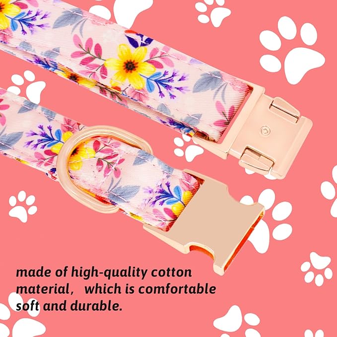 Dog Collar and Leash Set Girls Adjustable Puppy Collars with Floral Bow Tie for Small Medium Large Female Dogs, Pink Flower, M