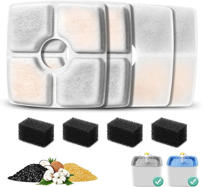 4 Pack Replacement Filters & Pre-Filter Sponges for 84oz/2.5L Automatic Pet Fountain, BFLICROY Cat Water Fountain Filter, Triple Filtration Pet Fountain Replacement Filters