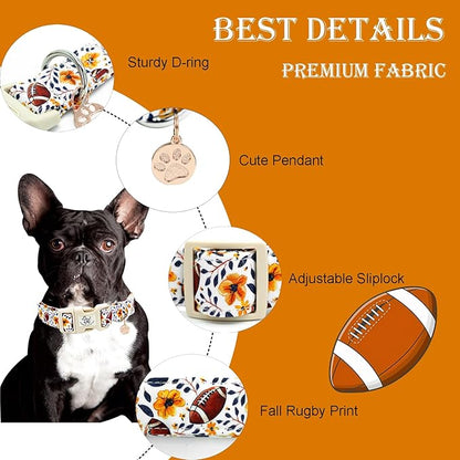 Elegant little tail Fall Dog Collar, Rugby with Flower Print Autumn Pet Collars Dog Cotton Soft Sturdy Puppy Collars Holiday Female Adjustable Collar for Medium Dogs
