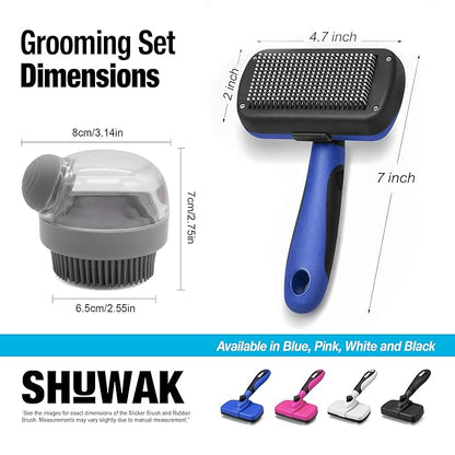 Grooming Duo, 2-in-1 Pet Brush Set with Retractable Self-Cleaning Brush and Silicone Bath Brush for Dogs and Cats (PINK)