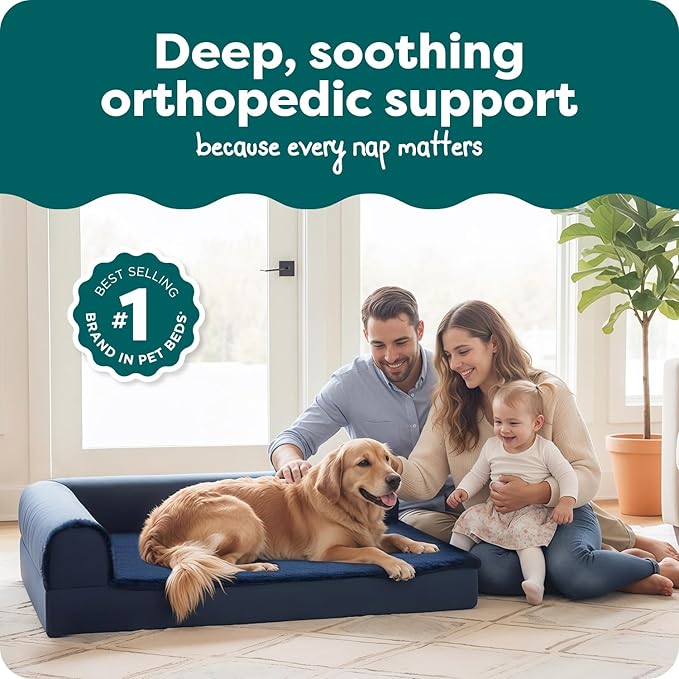 Furhaven Orthopedic Dog Bed for Large Dogs w/ Removable Bolsters & Washable Cover, For Dogs Up to 95 lbs - Plush & Velvet L Shaped Chaise - Deep Sapphire, Jumbo/XL