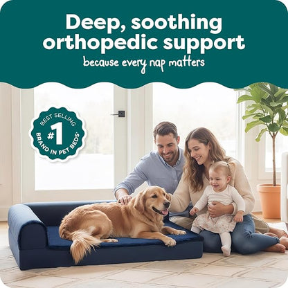Furhaven Orthopedic Dog Bed for Large Dogs w/ Removable Bolsters & Washable Cover, For Dogs Up to 95 lbs - Plush & Velvet L Shaped Chaise - Deep Sapphire, Jumbo/XL