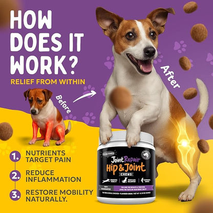 Joint Repair Hip and Joint Chews for Dogs - Finest For Pets Glucosamine, Chondroitin, MSM, Hemp, Omega 3 & Turmeric for Dog Joint Support, Mobility & Pain Relief - (120 Chicken Chews, Made in USA)