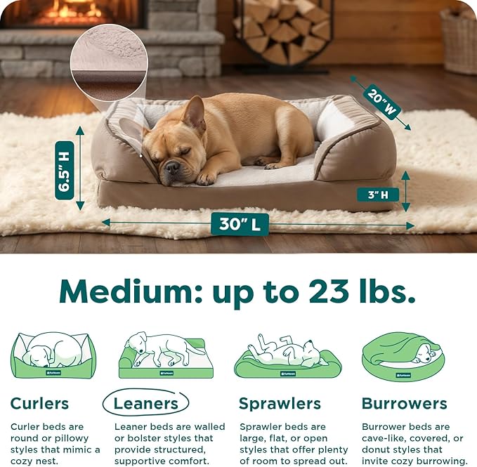 FurHaven Orthopedic Dog Bed for Medium Dogs, Perfect Comfort Sofa with Removable Bolsters with Orthopedic Egg Crate Foam for Joint Support, Washable Cover, Medium, Plush & Velvet Waves, Brownstone
