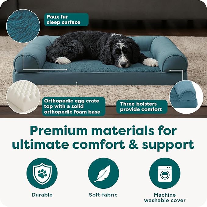 Furhaven Orthopedic Dog Bed for Large/Medium Dogs w/ Removable Bolsters & Washable Cover, For Dogs Up to 55 lbs - Faux Fur & Velvet Sofa - Smoke Gray, Large