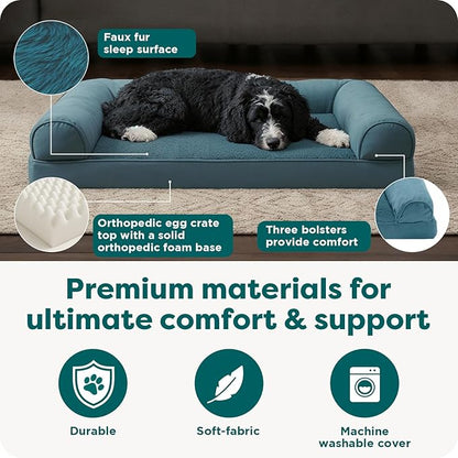 Furhaven Orthopedic Dog Bed for Large/Medium Dogs w/ Removable Bolsters & Washable Cover, For Dogs Up to 55 lbs - Faux Fur & Velvet Sofa - Smoke Gray, Large