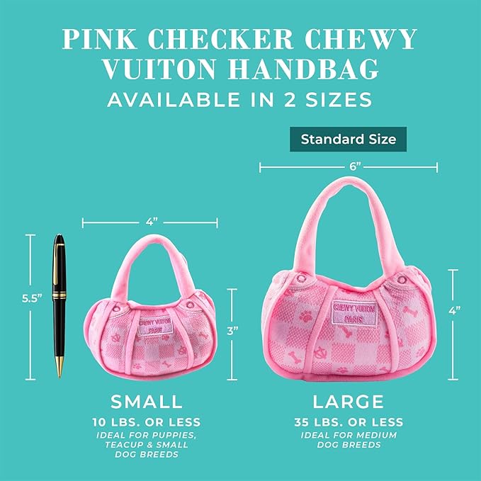 Haute Diggity Dog Pink Checker Chewy Vuiton Handbag, Plush Designer Dog Toys with Interactive Squeaker, Stimulating Pet Enrichment, Machine-Washable & Safe Materials for All Breeds, Size Large