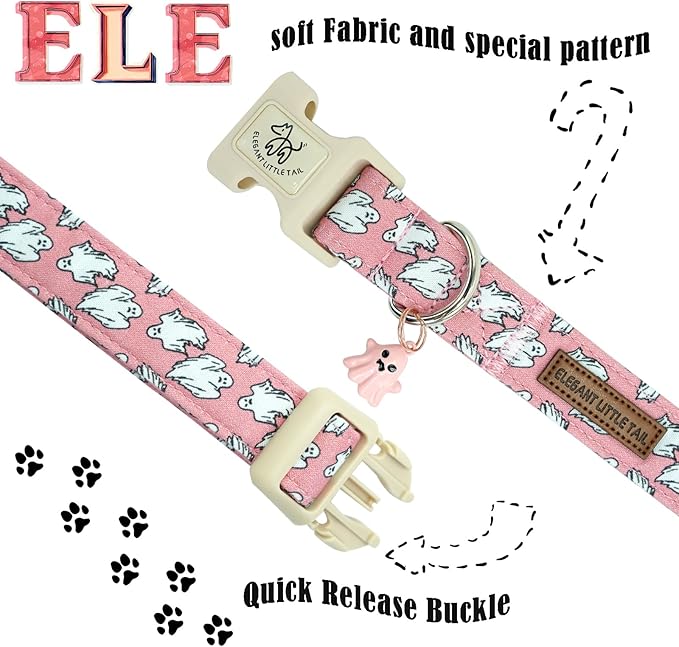 Elegant little tail Halloween Dog Collar, Ghosts Print Pink Halloween Pet Collars Cotton Soft Sturdy Puppy Collars Holiday Female Adjustable Collar for Small Dogs