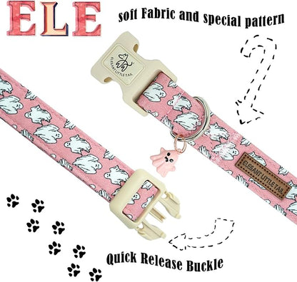 Elegant little tail Halloween Dog Collar, Ghosts Print Pink Halloween Pet Collars Cotton Soft Sturdy Puppy Collars Holiday Female Adjustable Collar for Small Dogs