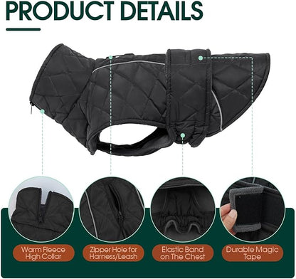 Kuoser Dog Coat, Super-Warm Dog Jacket Windproof Pet Cold Weather Coats for Extra Large Dogs, Fleece Lining Quilted Turtleneck Puppy Snowsuit Reflective Adjustable Doggie Winter Clothes, Grey, 2XL