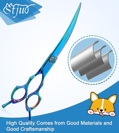 Stjuo 7.5'' Dog Curved Scissors for Grooming 440C Stainless Steel Green Professional Pet Trimming Scissors Sharp Blades Cutting for Dogs and Cats Shears