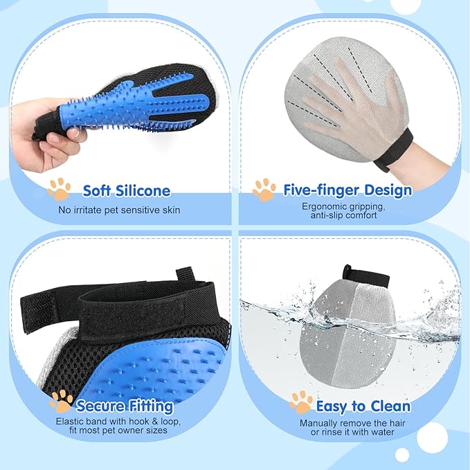 Pawaboo 2 Pack Pet Hair Removal Gloves, Dual-Side Electrostatic Hair Removal & Silicone Fur Brush for Dogs and Cats, Reusable Five-Finger Pet Fur Grooming Glove for Couch Carpet Clothes, Blue & Grey