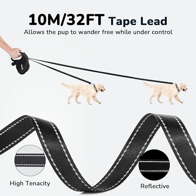 Pecute 32ft Retractable Dog Leash with Reflective Strips, 360° Tangle-Free, One-Button Control & Sturdiness Nylon Material, Long Leash Retractable with Poop Bag Holder for Medium Large Dog