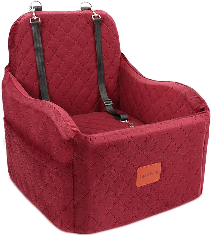 Lealchum Dog Car Seat for Small/Medium Dogs,6in Elevated Cushion,Fits in Front/Back Seat,Fully Detachable and Washable,2 Storage Pockets,Easy to Install (Red, Medium)