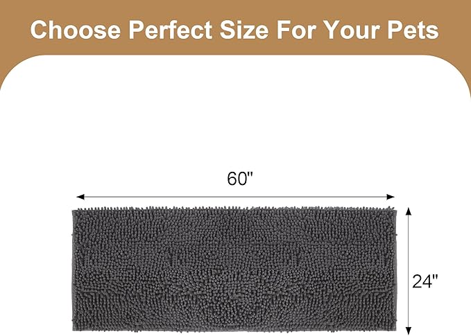 Amyracel Absorbent Dog Door Mat for Muddy Paws, 60" x 24" Non Slip Washable Door Mat Indoor Entrance, Quick Dry Chenille Pet Entry Rugs for Entryway Indoor, Grey