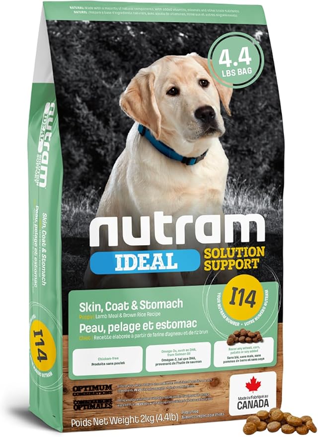 Nutram I14 Puppy Dog Food with Lamb & Brown Rice - Skin, Coat & Sensitive Stomach Dog Food with Pumpkin, Omega-3 Rich Salmon Oil & Flaxseed for Shiny Coat & Immunity - Chicken Free Puppy Food (4.4 lb)