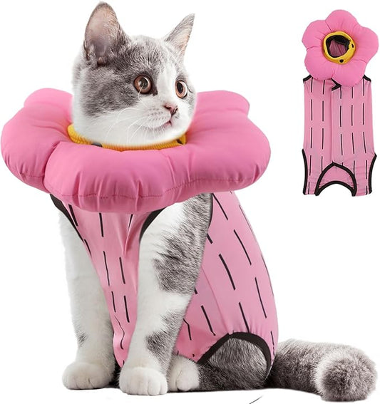 EMUST 2PCS Cat Recovery Suit & Cat Surgery Suit - Soft, Adjustable Flower Collar for Female Kittens Under 4lb (Pink, S)