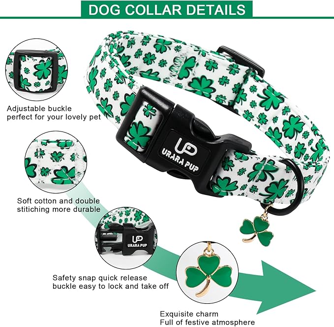 St. Patrick's Day Dog Collar, UP URARA PUP Shamrock Adjustable Pet Collar with Quick Release, Dog Accessories for Small Medium Large Dogs