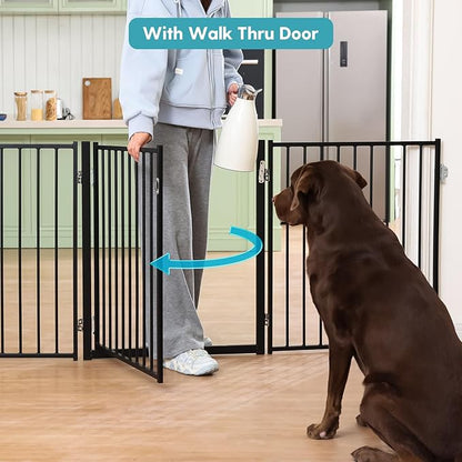 No Pawblems Free Standing Dog Gate with Door, 30'' Tall Foldable Dog Fence for Indoor & Outdoor, Up to 156 Inch Extra Wide Christmas Tree Fences for Dogs, Toddler(Black, 6 Panels)