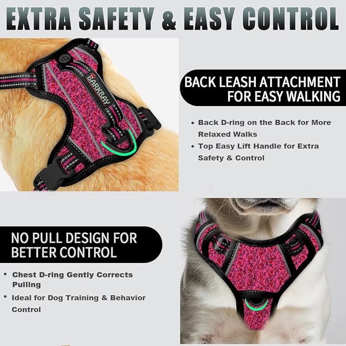 BARKBAY No Pull Dog Harness Large Reflective Dog Harness with Front Clip and Easy Control Handle for Walking Training Running with ID tag Pocket(Pink/Black,XS)
