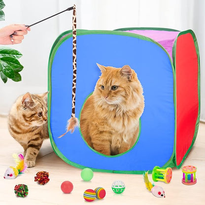 Retro Shaw Cat Toys, 33Pack, Interactive Kitten Toys for Indoor Cats Kitty with Collapsible Cat Tunnel Tube Tent Feather Wand Teaser Bell Fuzzy Pompom Crinkle Ball Springs Mice Toys