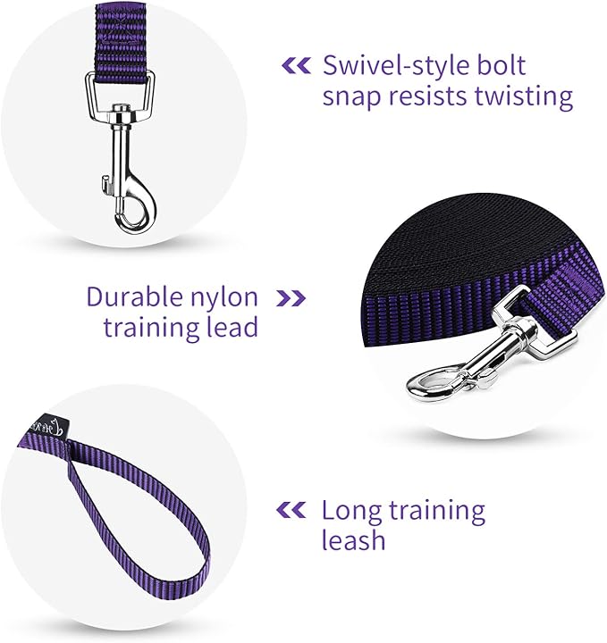 Hi Kiss Dog/Puppy Obedience Recall Training Agility Lead - 15ft 20ft 30ft 50ft 100ft Training Leash - Great for Training, Play, Camping, or Backyard(15ft,Black_Purple)