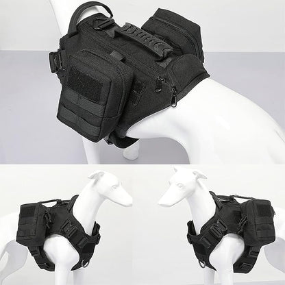 Tactical Dog Backpack Harness for Large Breed Original Design Metal Buckle Vest with Side Bags Pouches for Service Working Training (Black (with 2 Pouches), L)