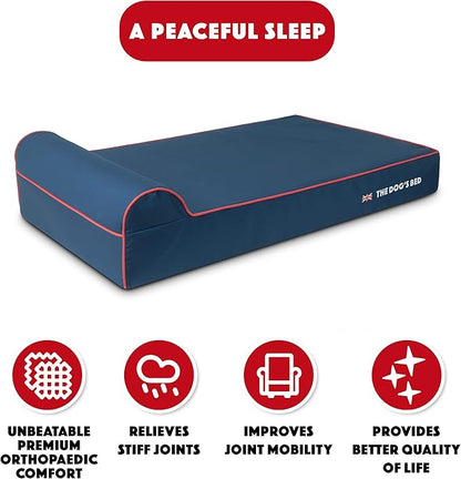 The Dog’s Bed Orthopedic Headrest Dog Bed XL Blue Oxford with Red Trim UK Flag Dog Bed, Memory Foam, Hip & Elbow Dysplasia, Post Surgery, Waterproof Washable Cover, Veterinary Approved