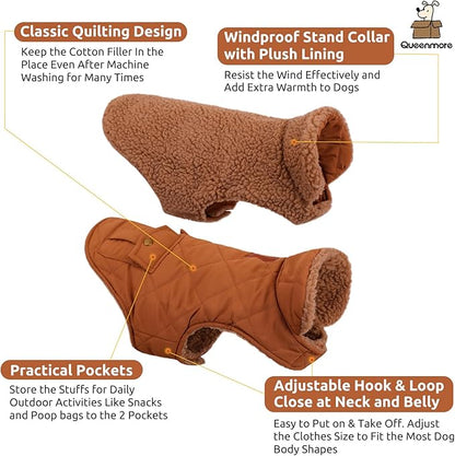 Queenmore Warm Coat for Cold Weather, Quilted Winter Jacket With Ultra Thick Plush Lining and Storage Pockets (Brown, X-Large)