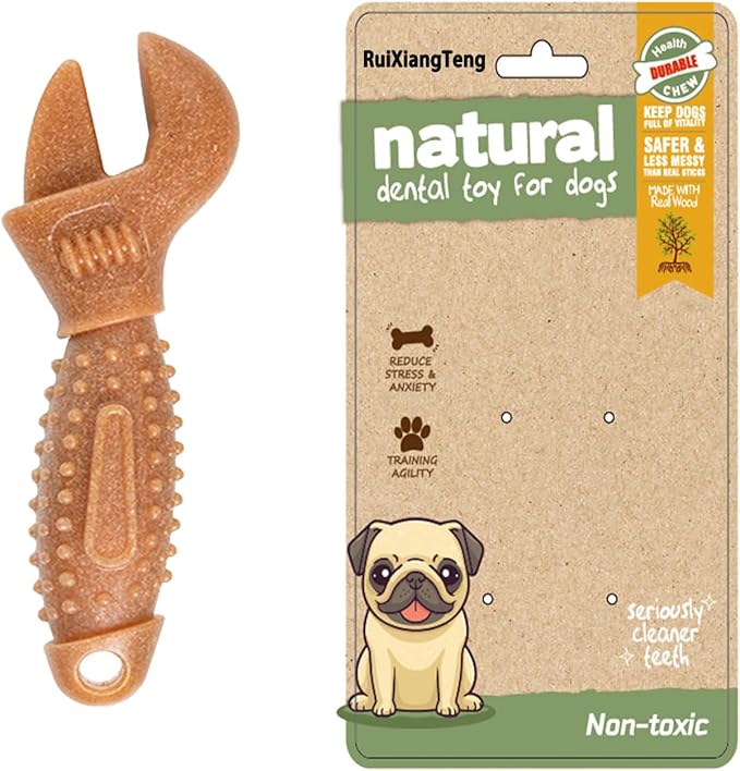 Dog Chew Toys, Aggressive chewer toy for Medium& Large dogs, Made of real pine wood and durable Food-Grade nylon, with Tool Shape Design for Dental Cleaning and Long-Lasting Chewing Fun(brown-wrench)