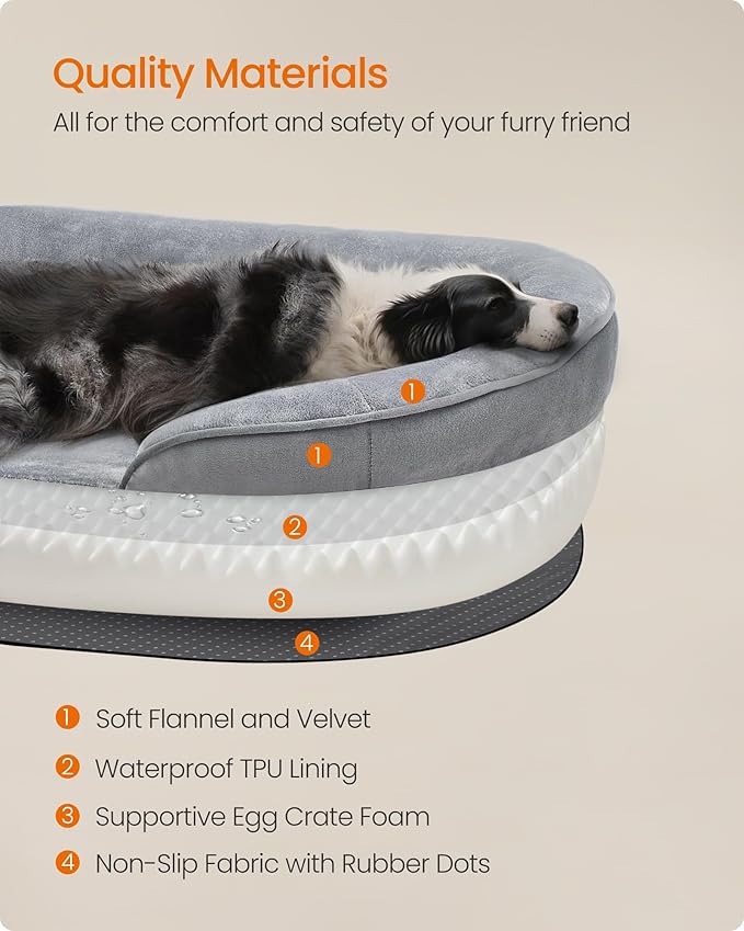 Feandrea Dog Bed, Large Orthopaedic Dog Sofa Bed, 36 x 27 x 7 Inches, Egg Crate Foam, Waterproof Liner, Raised Edges, Removable and Machine Washable Cover, Non-Slip, Light Gray UPGW282G01