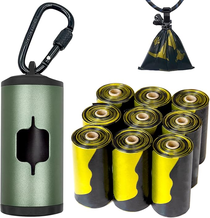 Metal Dog Poop Bag Holder w/Leash Clip|Durable Scratch-Resistant Aluminum|135 Bags+3 Accessories（Dark Green）