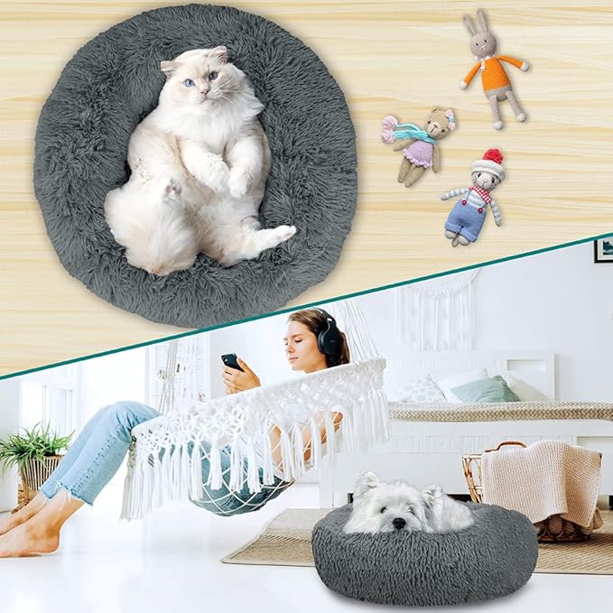 PetAmi Calming Dog Bed for Small & Medium Dogs and Cats, 23” Round Donut Dog Bed, Washable Fluffy Faux Fur Puppy & Cat Bed, Anti-Anxiety Plush Cuddler Pet Bed with Anti-Slip Bottom - Dark Gray