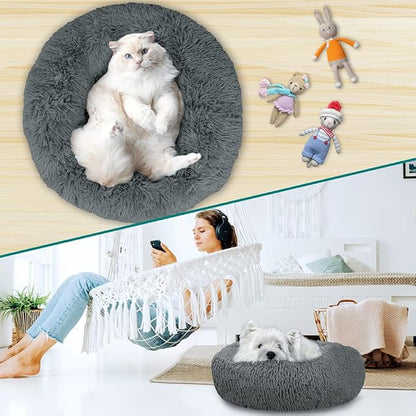 PetAmi Calming Dog Bed for Small & Medium Dogs and Cats, 30” Round Donut Dog Bed, Washable Fluffy Faux Fur Puppy & Cat Bed, Anti-Anxiety Plush Cuddler Pet Bed with Anti-Slip Bottom - Dark Gray