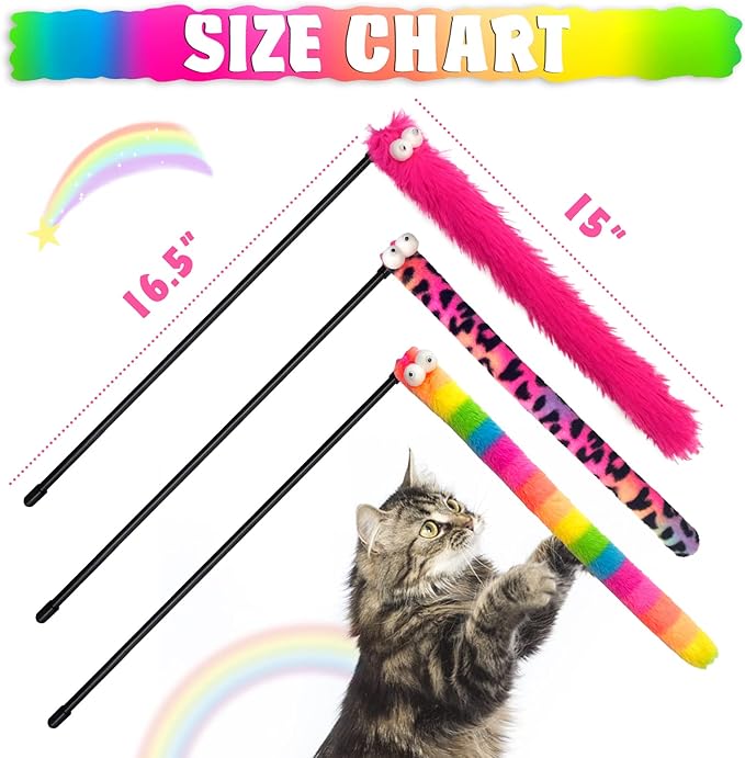 Lepawit 3 Pack Cat Wand Toy, Rainbow Cat Feather Toys with Bells, Teaser Wand with Soft Furry Tail, Interactive Toys for Indoor Cats & Kitten & Kitty