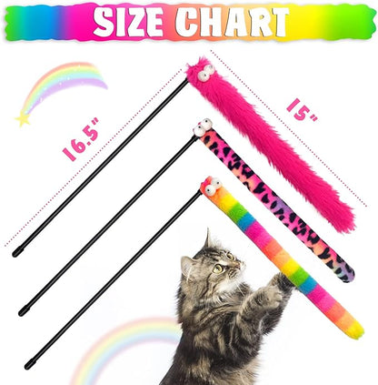 Lepawit 3 Pack Cat Wand Toy, Rainbow Cat Feather Toys with Bells, Teaser Wand with Soft Furry Tail, Interactive Toys for Indoor Cats & Kitten & Kitty