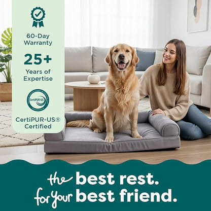 FurHaven Orthopedic Dog Bed for Large Dogs, Sofa-Style with Cool Gel-Top Foam with a Solid Orthopedic Foam Base for Joint Support, Removable Washable Cover, Jumbo XL, Plush & Suede, Gray