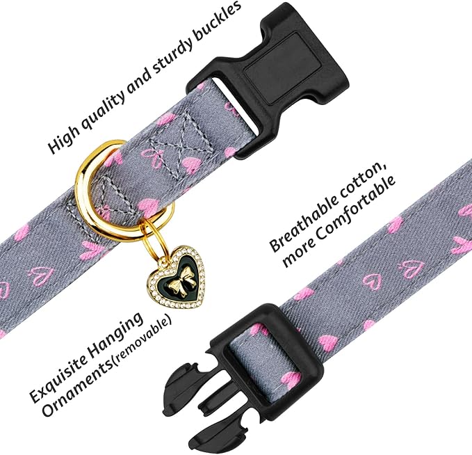 Cotton Handmade Dog Collar Cute and Distinctive Patterns Grey Heart with Pendant for Girl Boy Dogs Collars M
